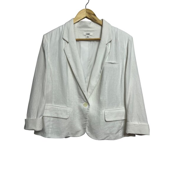 Cato Women White Cropped Linen Blend Blazer Jacket XL Shoulder Pads Minimalist - Picture 1 of 16
